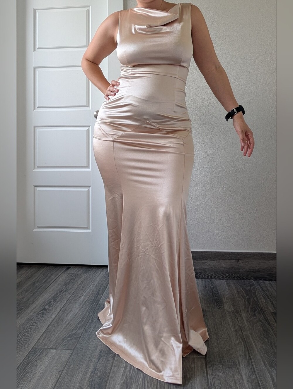 Sleeveless Satin Cowl Neck Maxi Dress in Blushes   - M